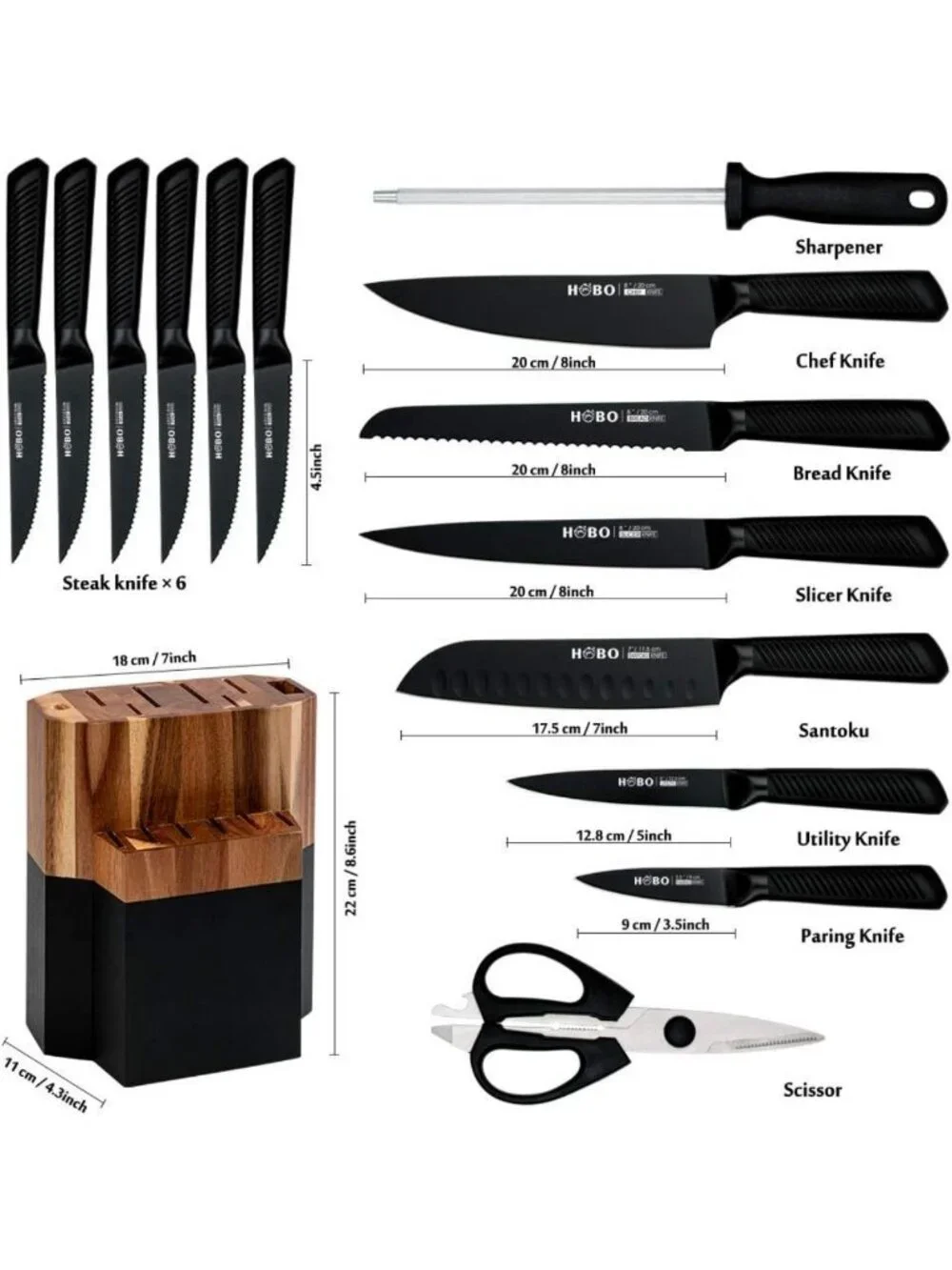 15-Piece Stainless Steel Knife Block Set - Professional Kitchen Cutlery Set